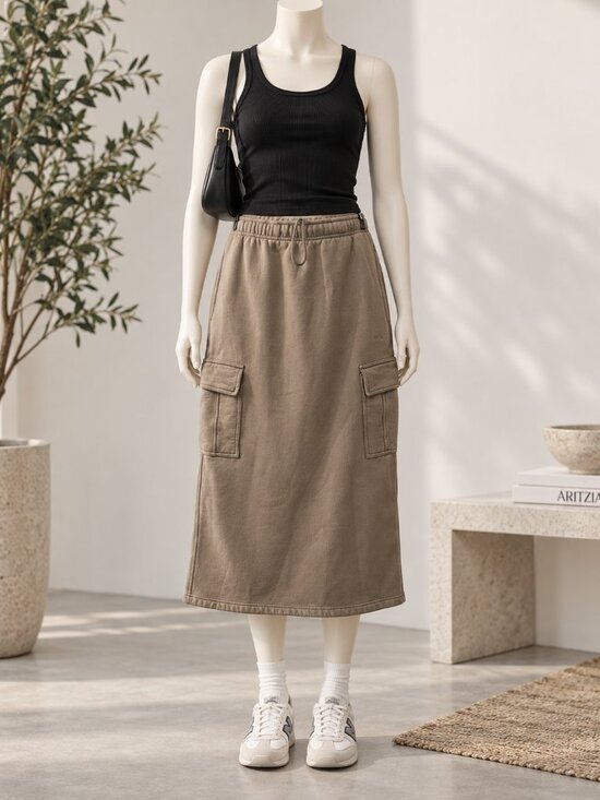 Aritzia Dresses & Skirts - Aritzia Mega Fit Sweatfleece Cozy Fleece Cargo Midi Skirt Tan Size M